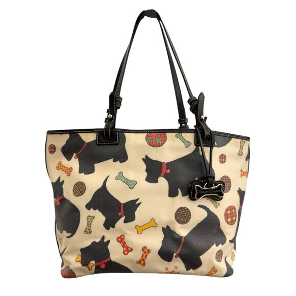 Dooney & Bourke Scottie Dog Tote Bag Coated Canvas Cream Black Red Trim - Picture 1 of 8